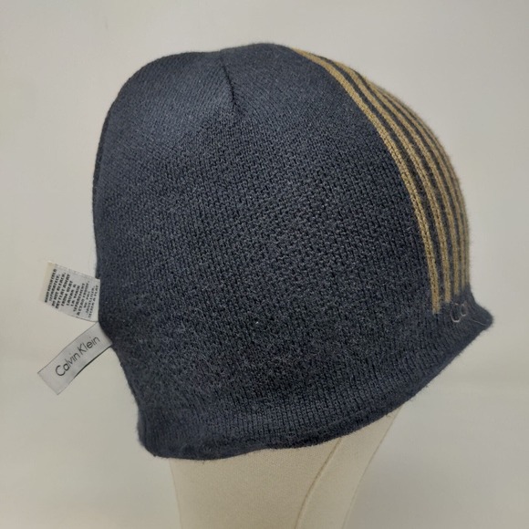Calvin Klein Men's Beanie Hat Black 100% Acrylic Striped Spell Out - Picture 11 of 13